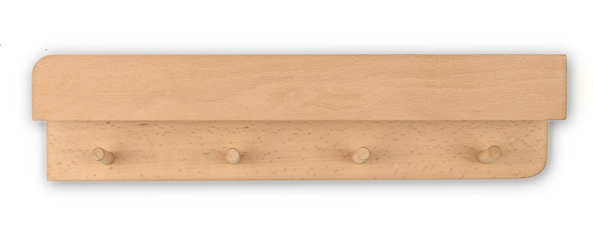 Garderobenleiste aus Buche mit vier Holzhaken und Ablage