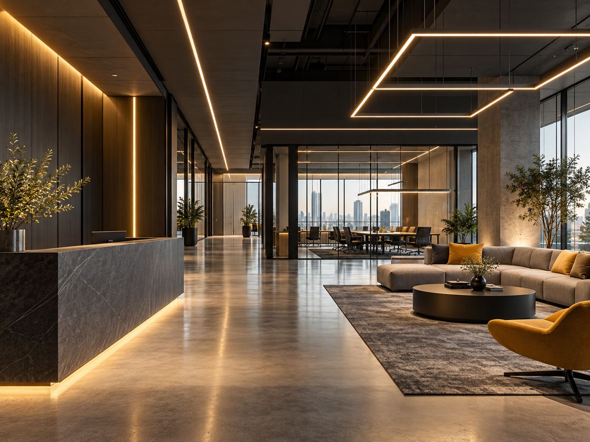 Empfangsbereich eines Bürogebäudes mit geometrischen Lichtlinien an Decke und Tresen