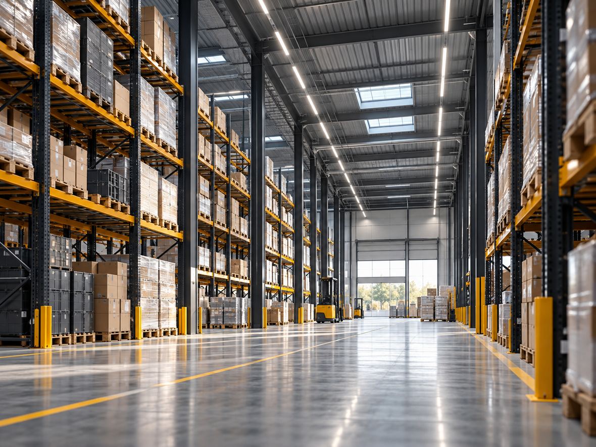 Regalgassen eines Logistiklagers mit durchgehenden Lichtbändern über dem Gang
