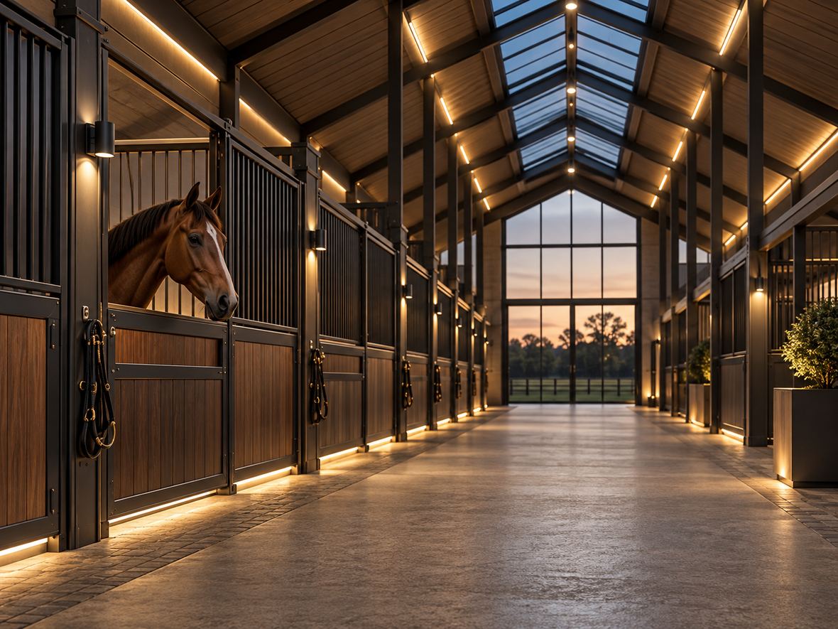 Stallgasse einer Reitsportanlage im Abendlicht mit warmer Beleuchtung entlang der Boxen