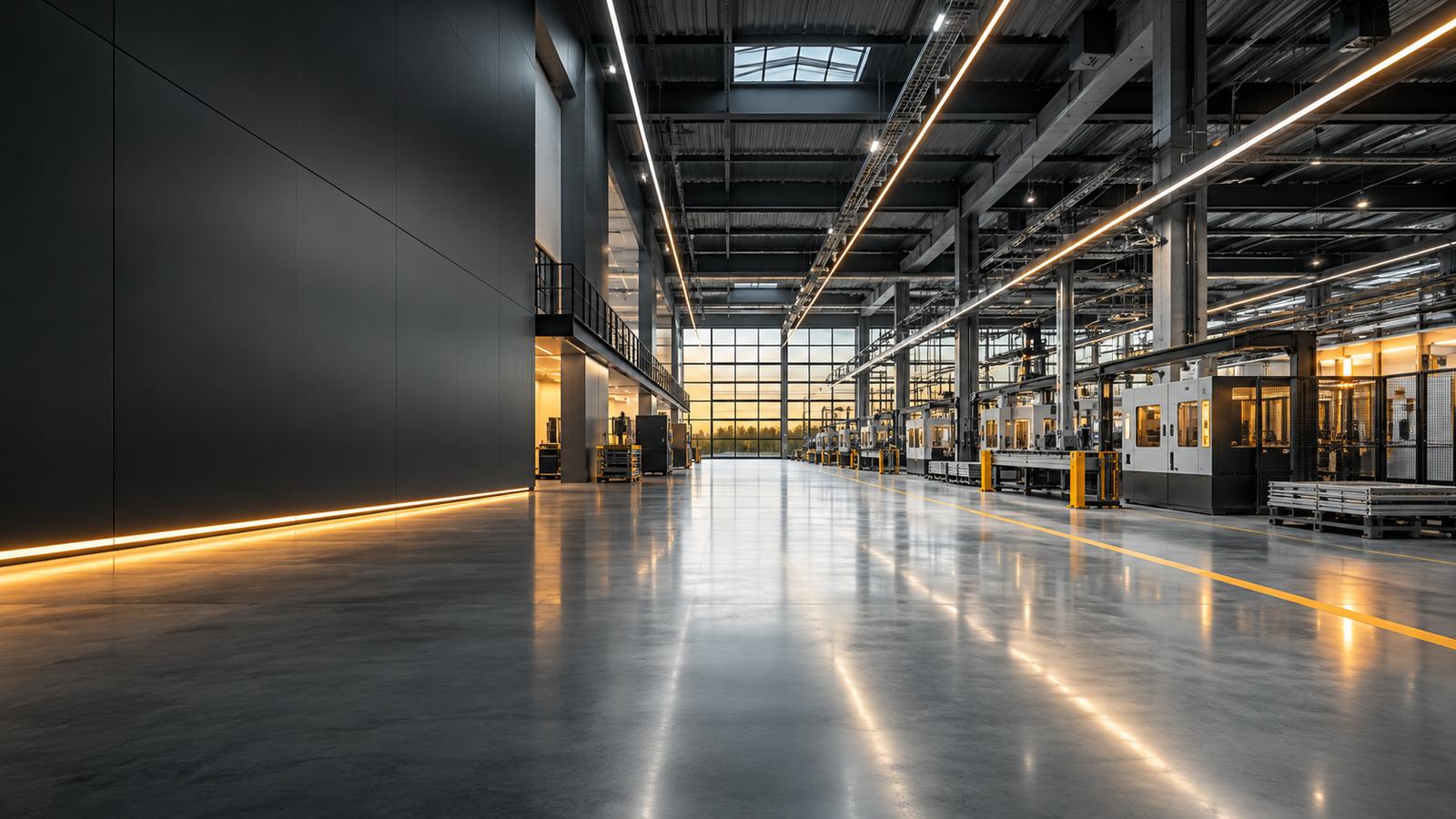 Produktionshalle mit linearen Lichtsystemen über den Maschinenreihen